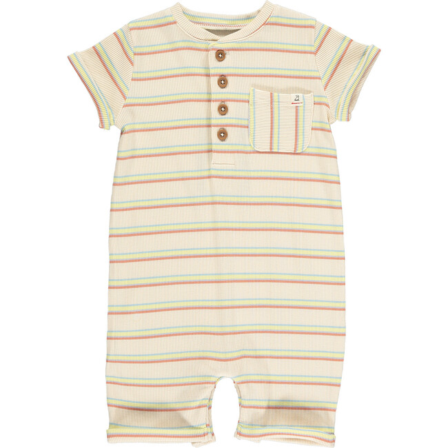 Crew Neck Short Sleeve Striped Henley Romper, Cream And Multicolors