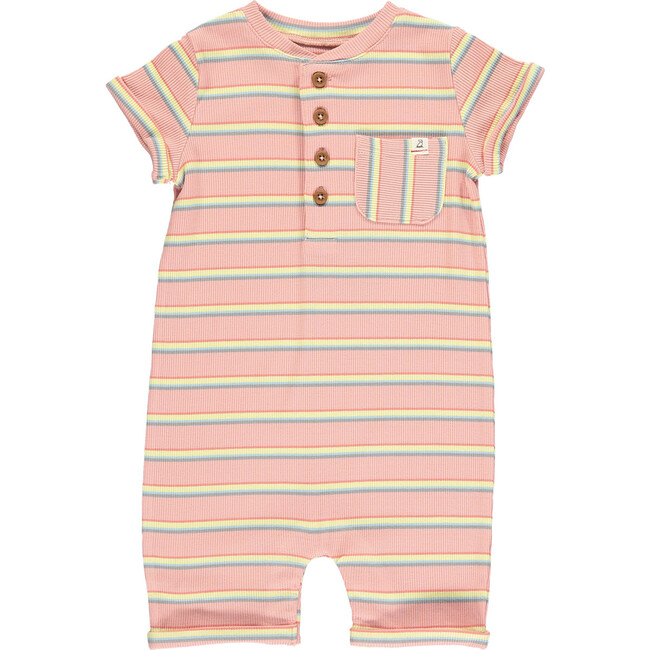Crew Neck Short Sleeve Striped Henley Romper, Dusty Pink And Multicolors
