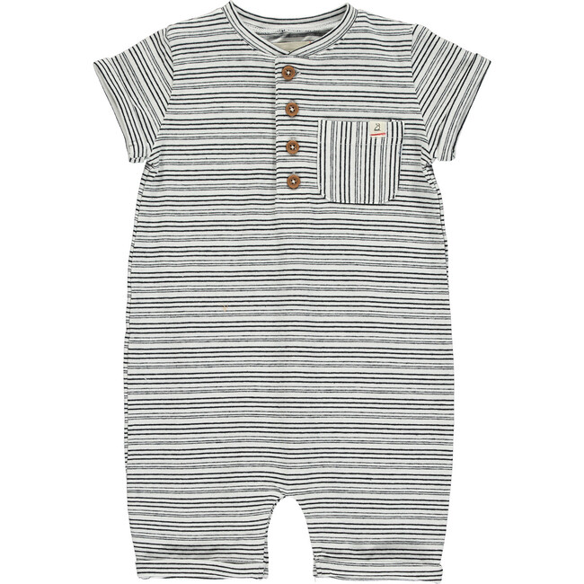 Crew Neck Short Sleeve Striped Henley Romper, Black And White - Rompers - 1