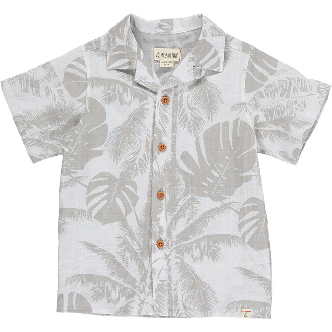 Palm Print Short Sleeved Shirt, Cream And Grey - Shirts - 1