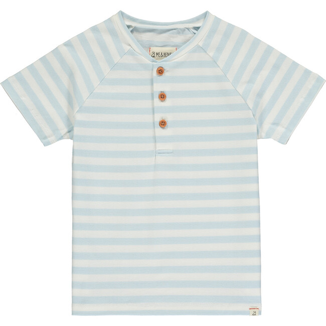 Stripe Short Raglan Sleeved Henley Tee, Blue And White - T-Shirts - 1