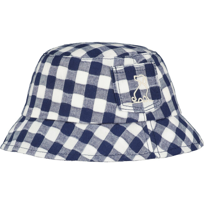 Cotton Plaid Bucket Hat With Pocket, Navy And White