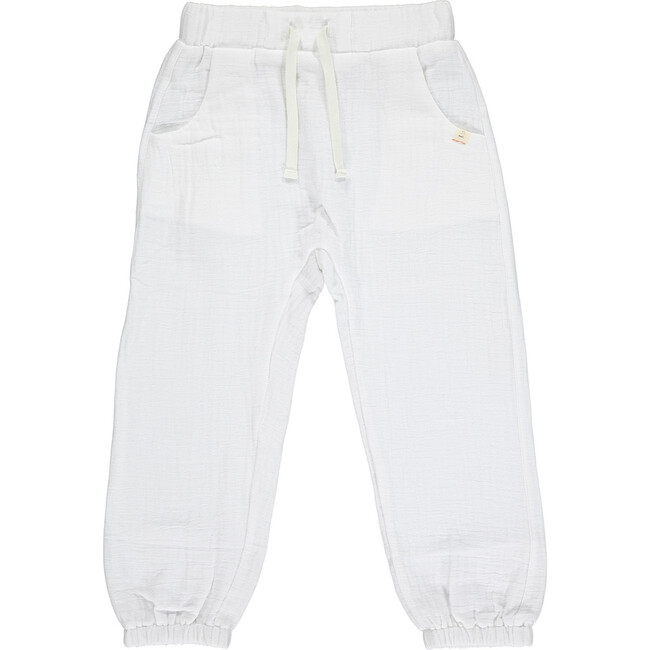 Cotton Gauze Jog Pant Style Trousers With Cuff And Fake Tie Cord, White