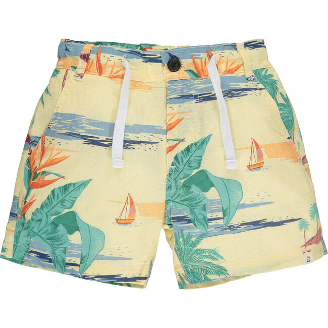 Hawaii Scene Print Shorts With Fake Tie Cord, Yellow - Shorts - 1