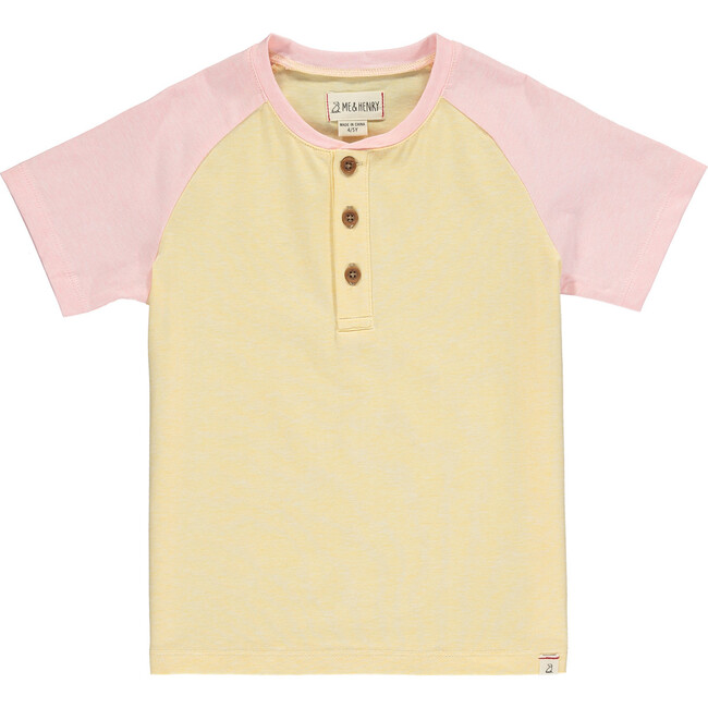 Colorblock Short Raglan Sleeved Henley Tee, Yellow And Salmon - T-Shirts - 1