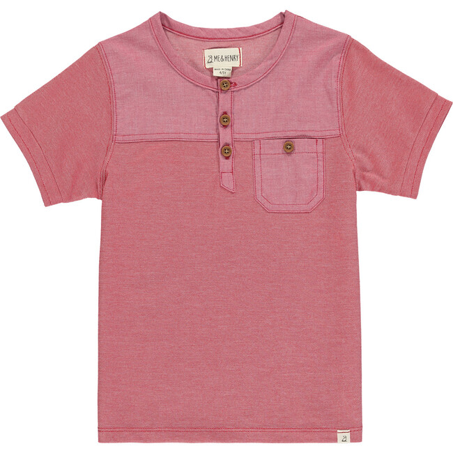 Colorblock Pique Short Sleeved Henley Tee, Red - T-Shirts - 1