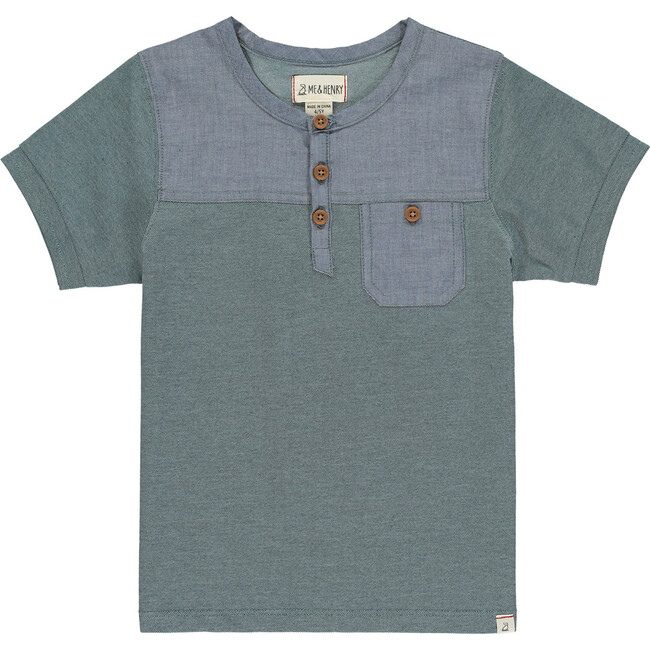 Colorblock Pique Short Sleeved Henley Tee, Navy - T-Shirts - 1