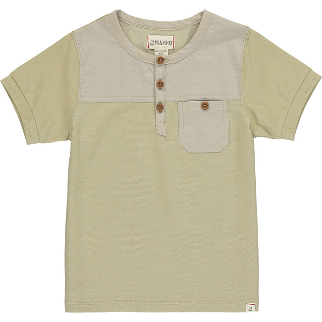Colorblock Pique Short Sleeved Henley Tee, Beige - T-Shirts - 1