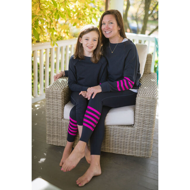 Women's Cropped Crew Neck With Neon Stripes, Navy And Magenta - Loungewear - 2