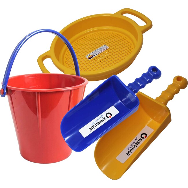 Sand Toys Bundle Includes Large Pail, Large Sieve, 2 Large Scoops (Colors Vary - Made in Germany)