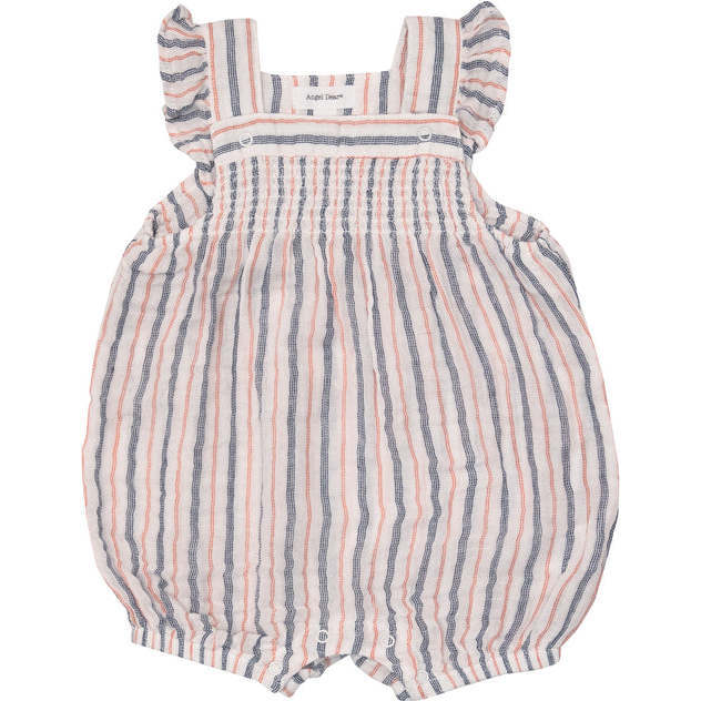 Nautical Ticking Stripe Smocked Overall Shortie - Rompers - 1