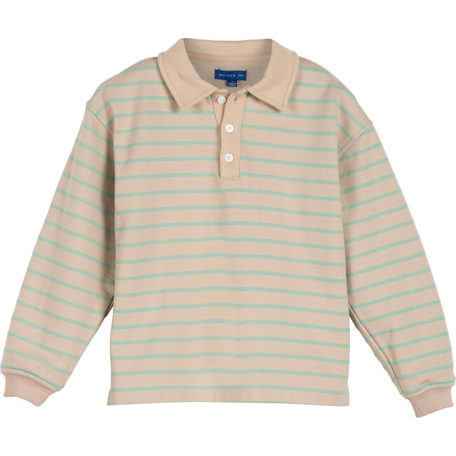 Taro Polo Sweatshirt, Aqua & Cream Stripe