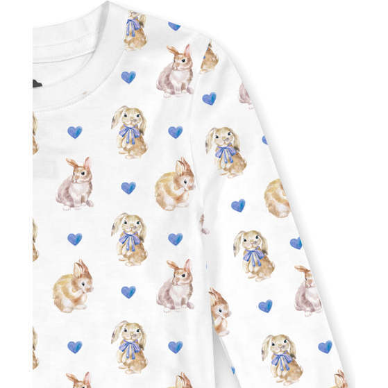 Crewneck Pajama Set, Bunny Heart Print - Pajamas - 2