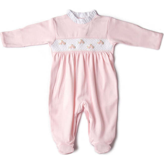 Soft Footie with Flower Embroidery and High Poplin Collar, Pink - Rompers - 1