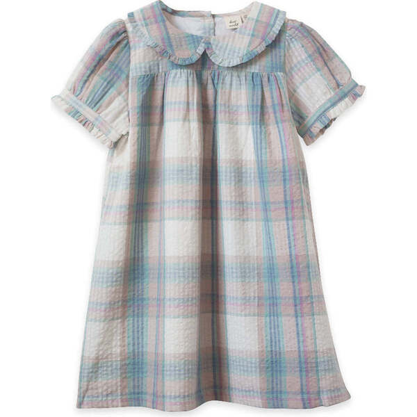 Geometric Smocked Blue Green and White Plaid Seersucker Peter Pan Collared Bubble main image 1
