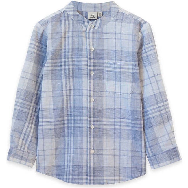 James Mandarin Collar Long Sleeve Check Shirt, Blue Slub