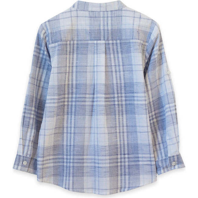 James Mandarin Collar Long Sleeve Check Shirt, Blue Slub - Dresses - 2