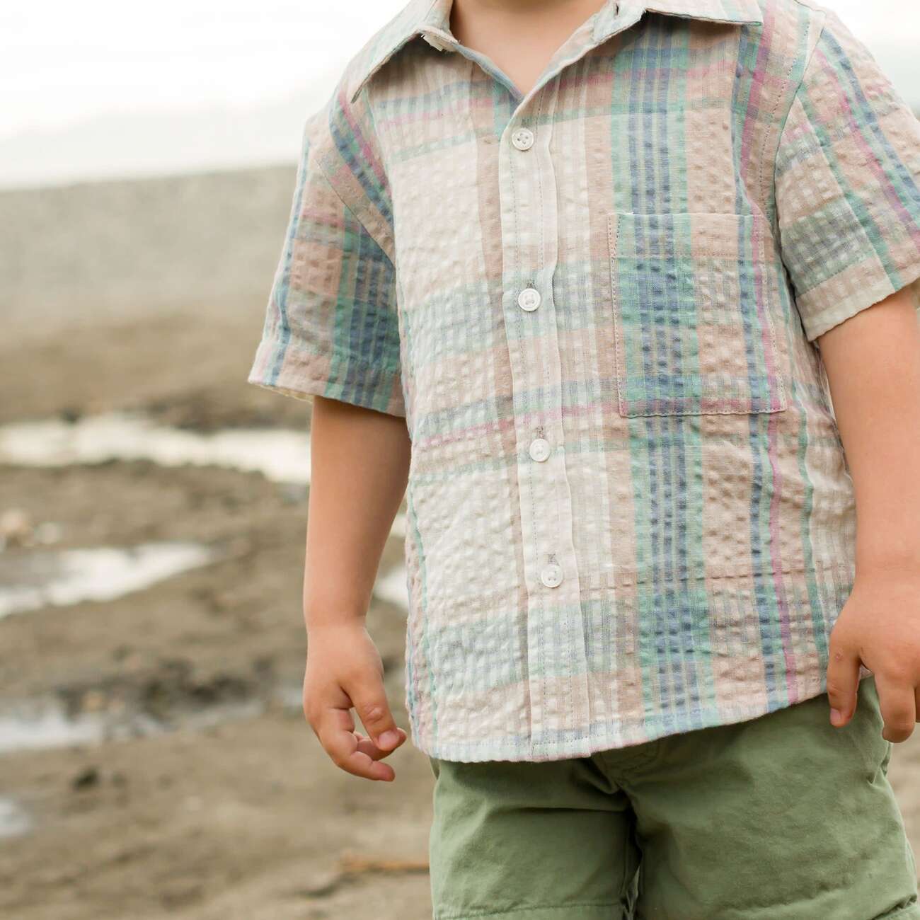 Cotton Seersucker Collar Short Sleeve Shirt, Arctic Blue