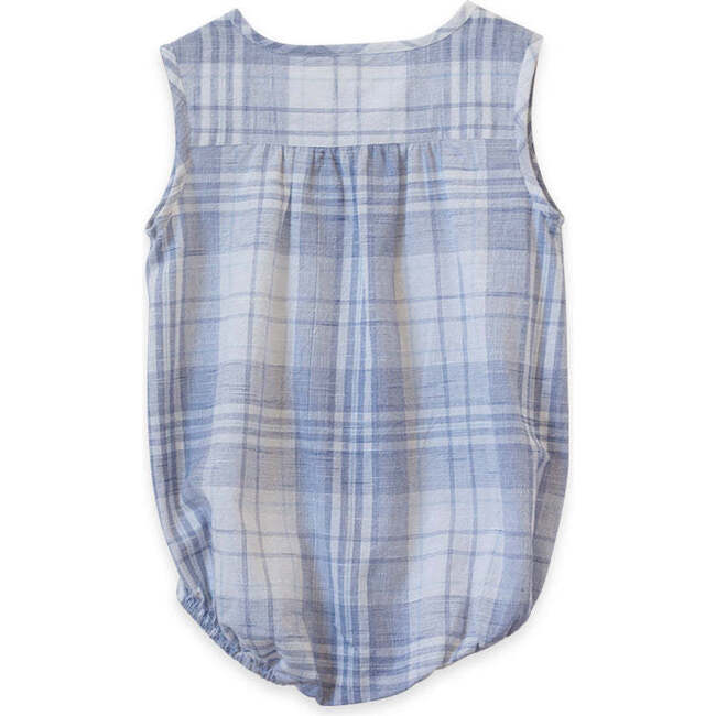 Baby Sleeveless Check Romper, Blue Slub - Onesies - 2