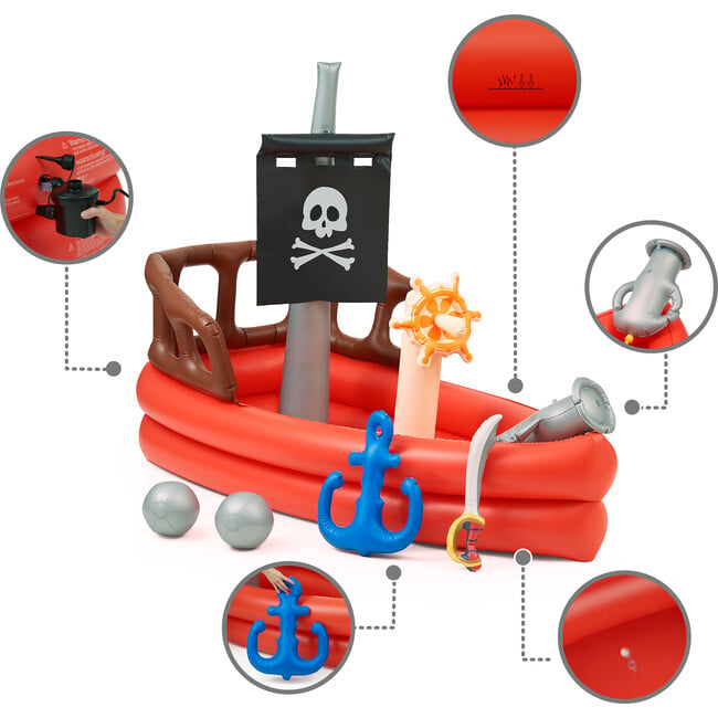 Water Fun Inflatable Pirate Ship Sprinkler Play Center with Air Pump, Beach Balls & Accessories, Red - Pool Floats - 3