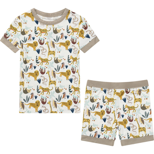 Jungle Friends Bamboo Short Sleeve Kids Pajama Shorts Set, Cream
