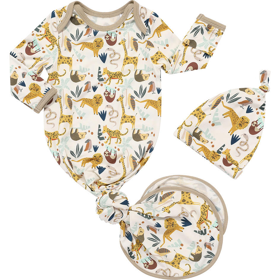 Jungle Friends Bamboo Gown and Hat Gift Set, Cream - Mixed Apparel Set - 1