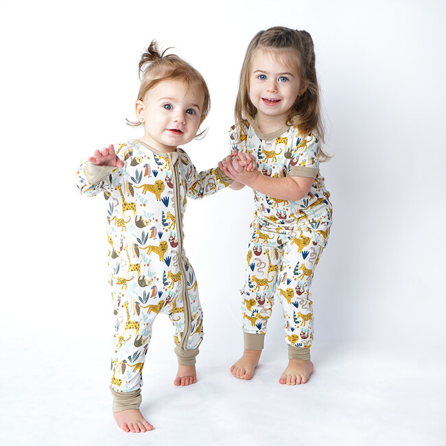 Jungle Friends Two-Piece Bamboo Short Sleeve Pajama Pants Set, Cream - Pajamas - 3