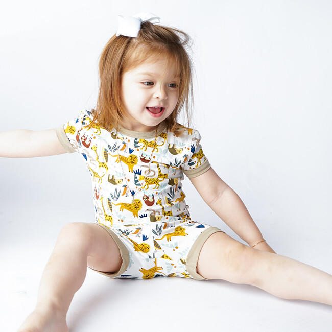 Jungle Friends Bamboo Short Sleeve Kids Pajama Shorts Set, Cream - Pajamas - 4