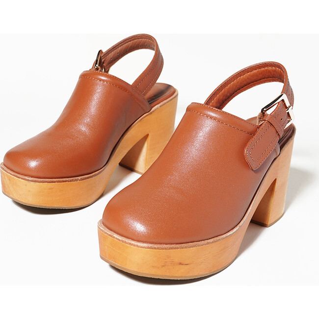 Women's Bonnie Leather Slingback Strap Platform Clog, Luggage - Sandals - 3