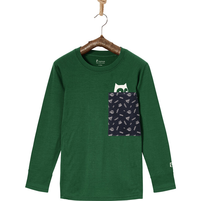 Tim Merino Pocket Longsleeve 'Birdday Party', Mountain Green And True Navy