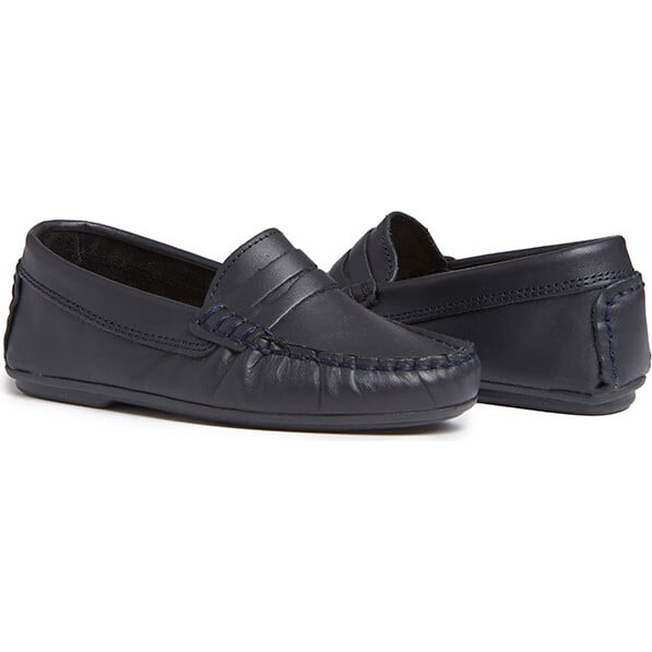 Leather Penny Loafers, Navy - Loafers - 2