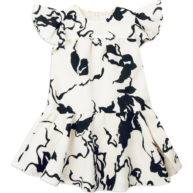 Mini Marielle Flutter Sleeve Dress, Cream And Black