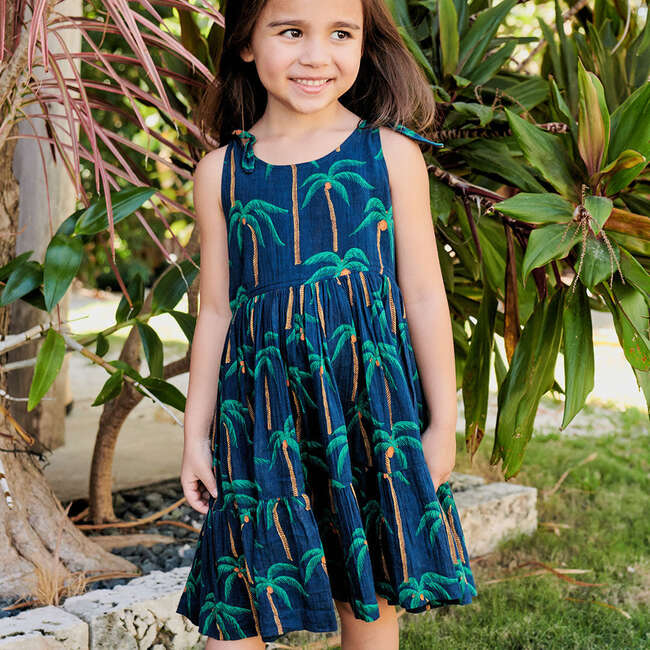 Girls Taylor Dress, Navy Palm Trees - Dresses - 2