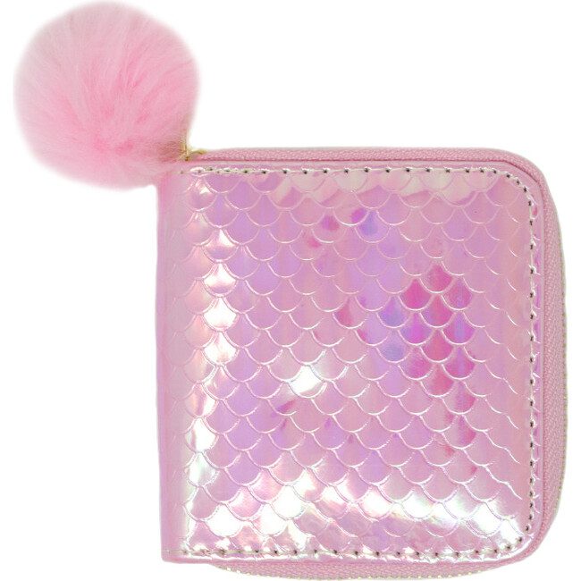 Shiny Mermaid Scale Wallet With Removable Pom Pom, Pink
