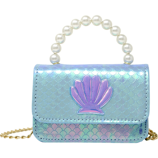 Shiny Seashell Pearl Handle Purse, Blue