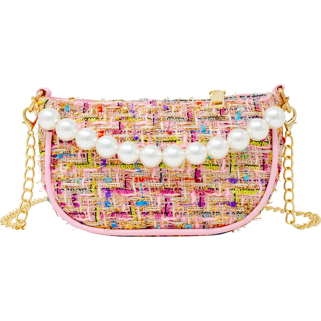 Tweed Pearl Chain Strap Clutch Handbag, Pink