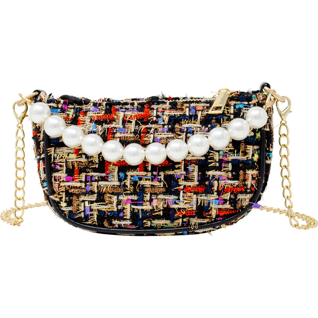Tweed Pearl Chain Strap Clutch Handbag, Black
