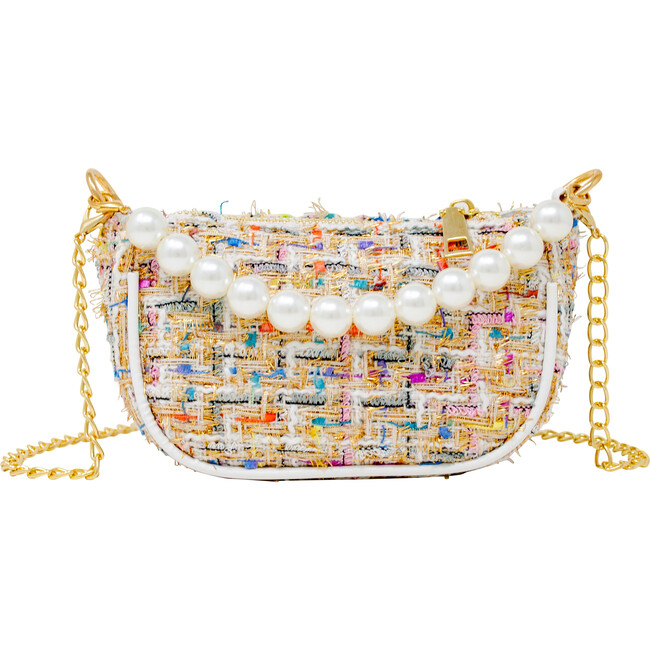 Tweed Pearl Chain Strap Clutch Handbag, White