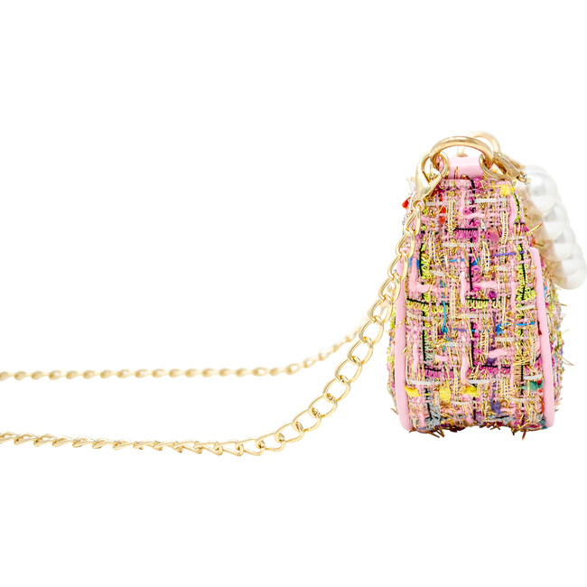 Tweed Pearl Chain Strap Clutch Handbag, Pink - Bags - 2