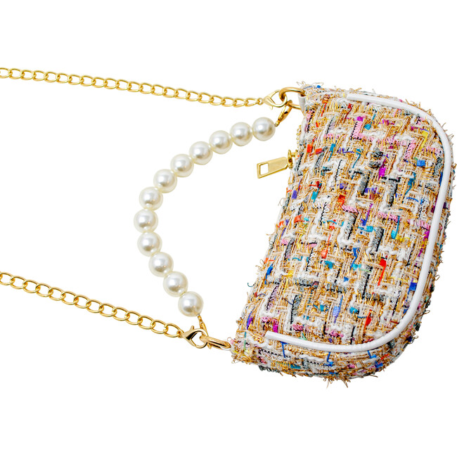 Tweed Pearl Chain Strap Clutch Handbag, White - Bags - 3