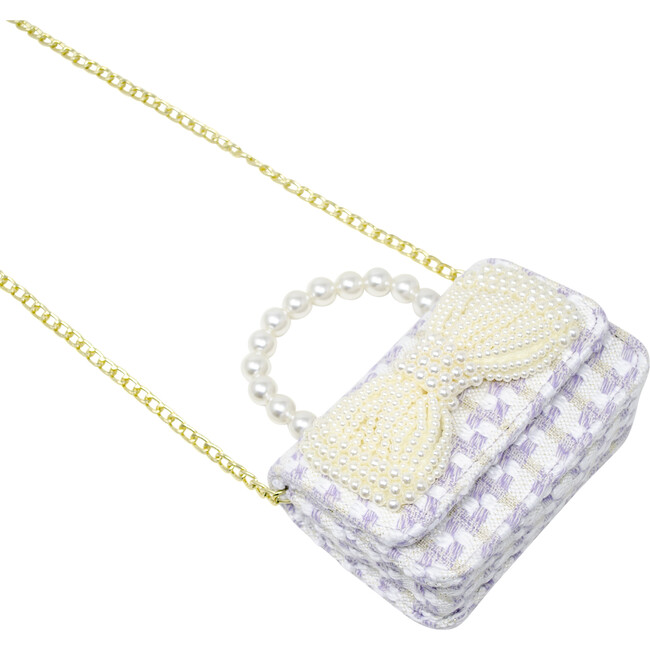 Tweed Pearl Handle Bow Purse, Purple - Bags - 4