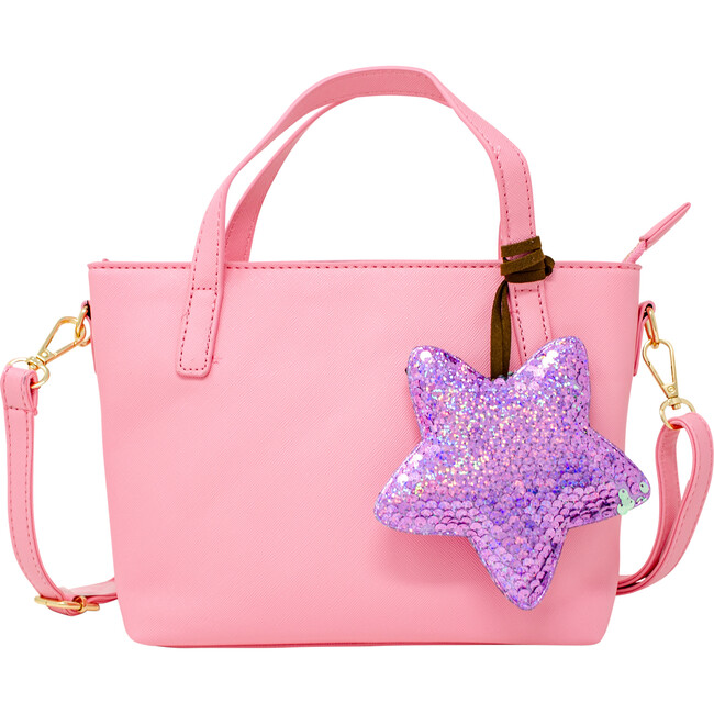 Faux Leather Tote Shoulder Strap Handbag With Sequins Star Charm, Pink