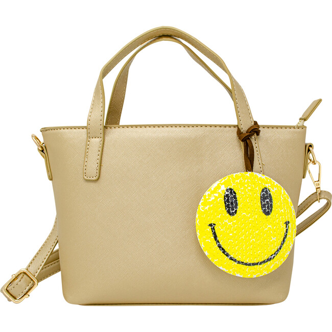 Faux Leather Tote Shoulder Strap Handbag With Sequins Happy Face Charm, Gold