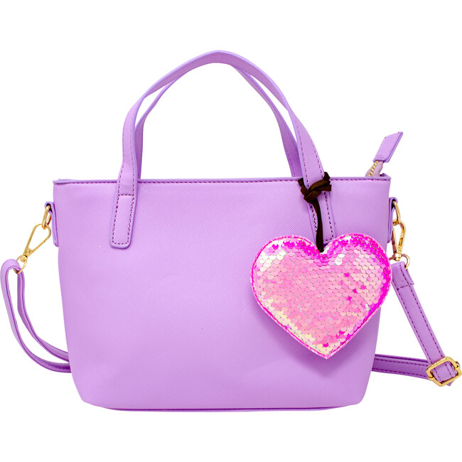 Faux Leather Tote Shoulder Strap Handbag With Sequins Heart Charm, Purple