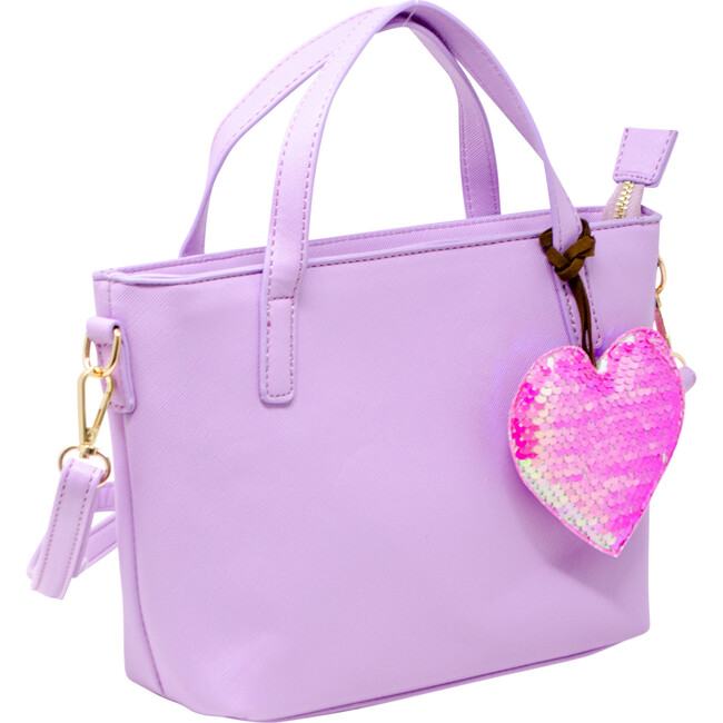 Faux Leather Tote Shoulder Strap Handbag With Sequins Heart Charm, Purple - Bags - 4