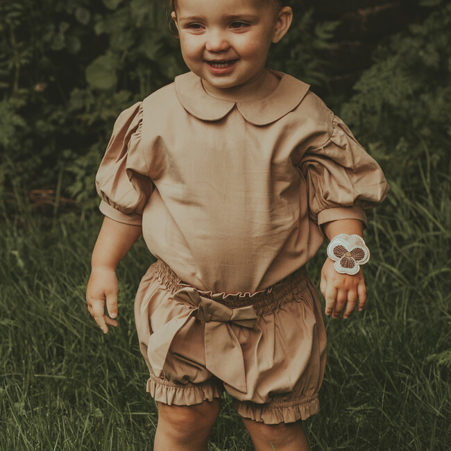 Florine Puff Sleeve Peter Pan Collar Romper, Vintage Rose - Onesies - 2