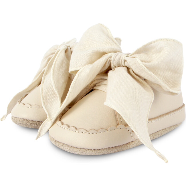 Lonny Chiffon Bow Small Wavy Edge Leather Shoes, Cream - Sneakers - 1