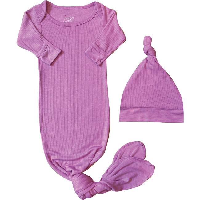 Rib Knit Bamboo Knotted Newborn Gown & Hat Set, Orchid - Pajamas - 1