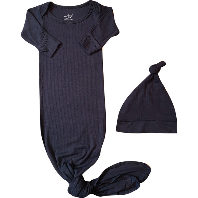 Rib Knit Bamboo Newborn Gown & Hat Set, Midnight - Pajamas - 1
