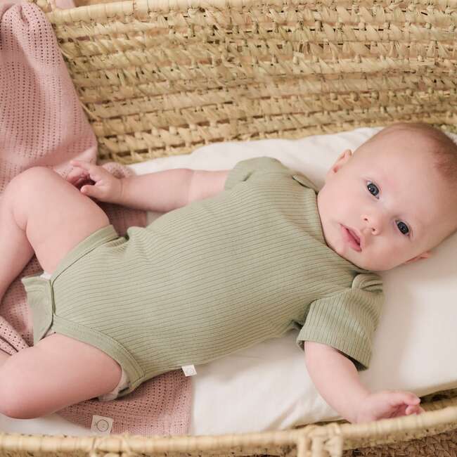 Ribbed Short Sleeve Bodysuit, Yellow - Bodysuits - 2